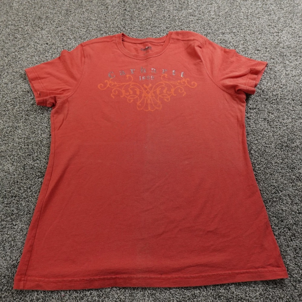 Carhartt Shirt Womens L Orange Graphic Logo Outdoor Workwear Grunge Faded Casual